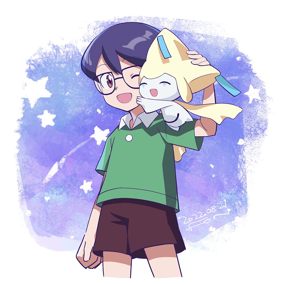 1boy arm_at_side black_hair brown_eyes brown_shorts collared_shirt fon-due_(fonfon) glasses green_shirt hair_between_eyes jirachi male_focus max_(pokemon) on_shoulder one_eye_closed open_mouth pokemon pokemon:_jirachi:_wish_maker pokemon_(anime) pokemon_(creature) pokemon_on_shoulder pokemon_rse_(anime) shirt shooting_star shorts