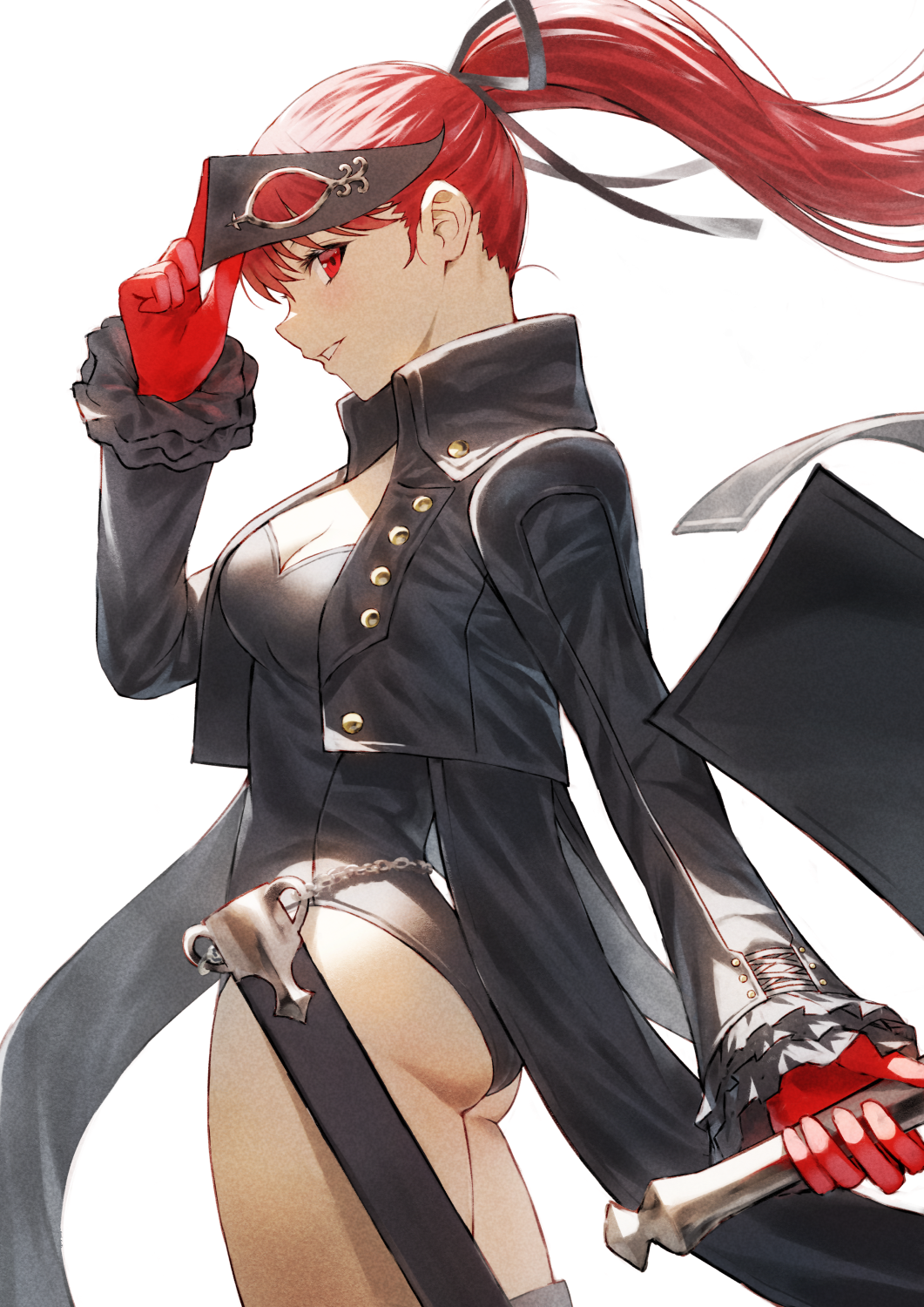 1girl ass black_jacket black_leotard breasts cleavage fagi_(kakikaki) gloves hair_ribbon highres holding holding_mask jacket leotard long_hair long_sleeves mask persona persona_5 persona_5_the_royal ponytail red_eyes red_gloves red_hair ribbon smile thighhighs thighs yoshizawa_kasumi