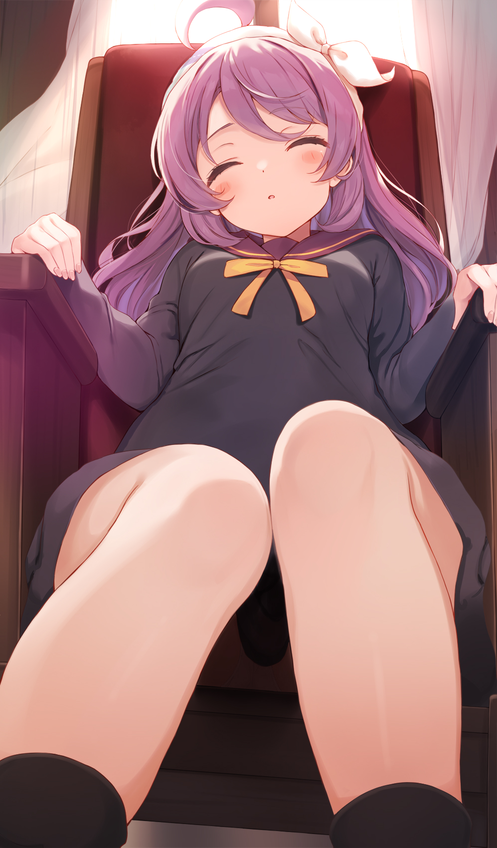 1girl ahoge ankle_socks backlighting blush bow chair chestnut_mouth closed_eyes dress feet_out_of_frame hair_bow head_tilt highres indoors komone_ushio long_hair open_mouth original purple_hair ribbon sailor_dress school sidelocks sitting sleeping socks solo thighs uniform yellow_ribbon