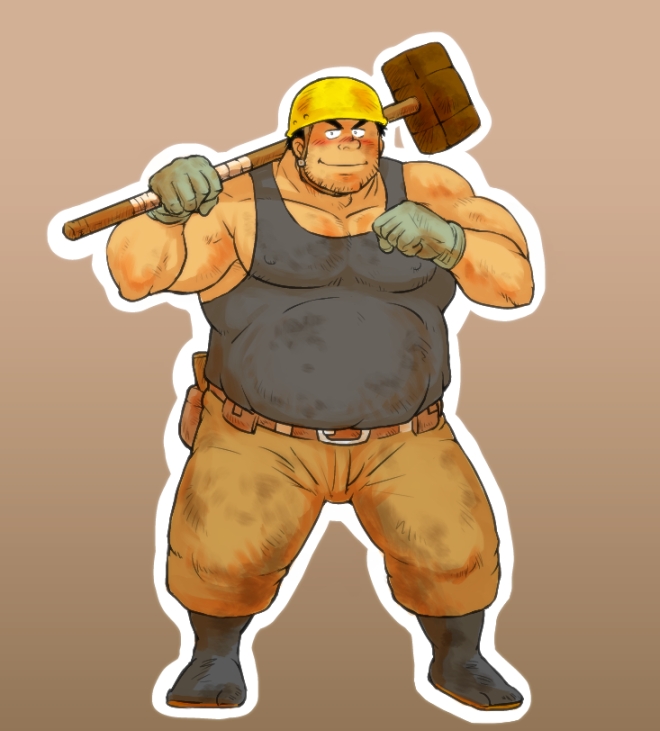 1boy artist_request bara beard_stubble belly black_tank_top blush construction_worker covered_nipples dirty dirty_clothes dirty_face facial_hair full_body gloves hammer hard_hat helmet holding holding_hammer looking_at_viewer male_focus mature_male muscular muscular_male original outline pants pectoral_cleavage pectorals plump sanpaku short_hair sidepec smile solo standing strongman_waist stubble tank_top thick_eyebrows white_outline