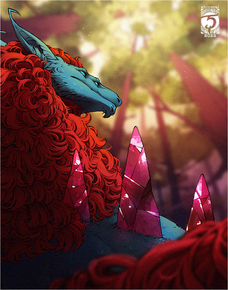 2022 ambiguous_gender blue_eyes day detailed_background digital_media_(artwork) dragon feral forest fur furred_dragon hair outside plant red_hair shinerai solo tree