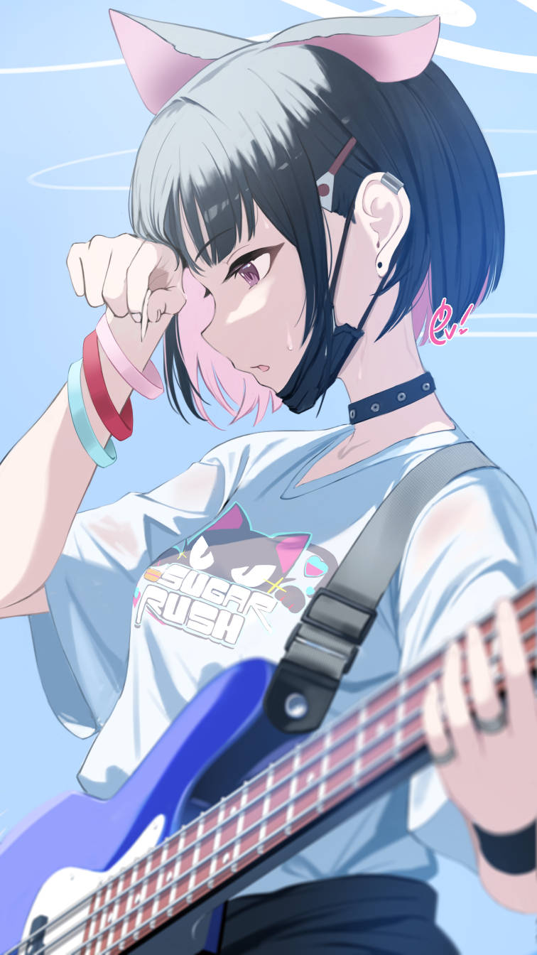 1girl animal_ears black_choker black_hair black_mask blue_archive breasts cat_ears choker electric_guitar ev_(dai00888) extra_ears guitar halo highres instrument kazusa_(band)_(blue_archive) kazusa_(blue_archive) mask mask_pull medium_breasts mouth_mask official_alternate_costume open_mouth pink_halo red_eyes shirt short_hair short_sleeves solo upper_body white_shirt