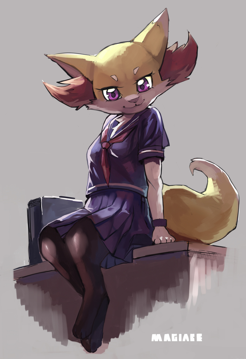 anthro bedroom_eyes better_version_at_source braixen clothing female fur hi_res looking_at_viewer magiace narrowed_eyes nintendo pok&eacute;mon pok&eacute;mon_(species) purple_eyes school_uniform seductive sitting snile solo solo_focus uniform video_games yellow_body yellow_fur