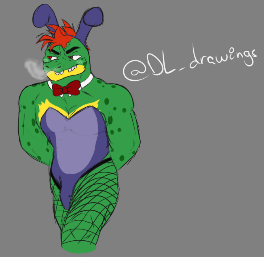 abs alligator alligatorid anthro biceps blush bow_tie bulge bunny_costume clothing costume crocodilian desesperadoleon fishnet five_nights_at_freddy's five_nights_at_freddy's:_security_breach green_body hair humanoid male montgomery_gator_(fnaf) multicolored_body muscular muscular_male orange_hair rabbit_ears red_eyes reptile scalie scottgames smoke smoke_from_nose solo teeth triceps video_games yellow_body