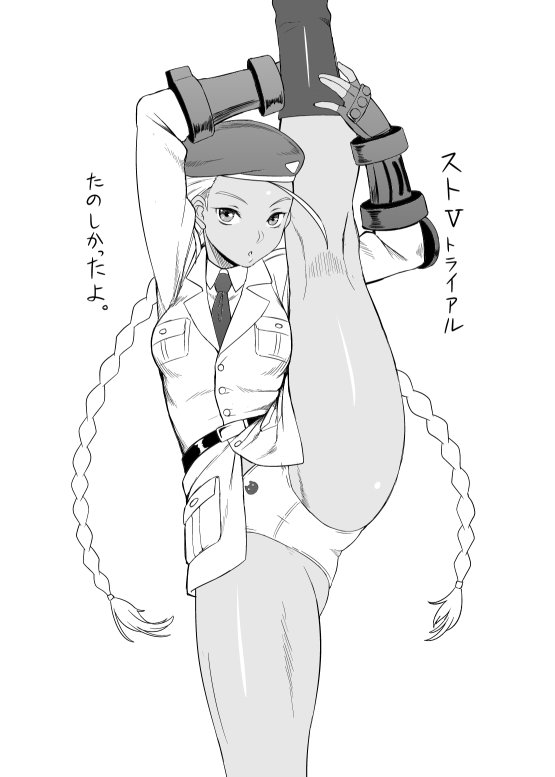 1girl antenna_hair beret braid breasts cammy_white cat dr.p fingerless_gloves flexible gloves greyscale hat long_hair looking_at_viewer military military_uniform monochrome panties simple_background solo split standing standing_on_one_leg standing_split street_fighter street_fighter_ii_(series) street_fighter_v tan twin_braids underwear uniform white_background