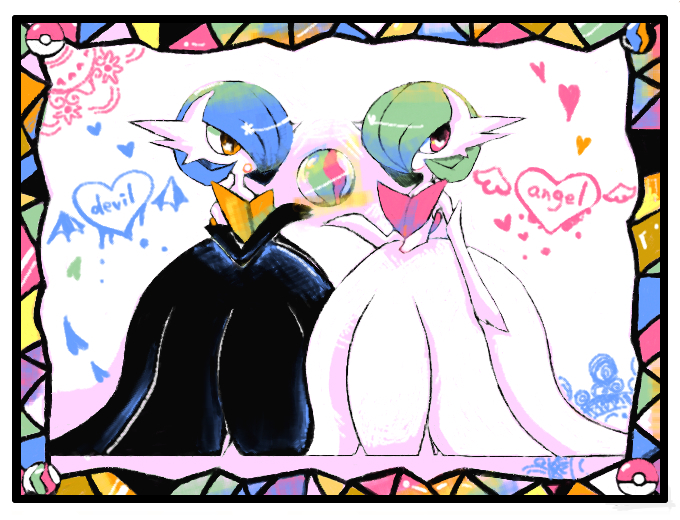 2girls alternate_color angel_and_devil arm_at_side bangs bare_shoulders black_dress black_gloves blue_hair bob_cut border closed_mouth colored_skin commentary commentary_request dress elbow_gloves english_text flat_chest full_body gardevoir gloves green_hair hair_over_one_eye hand_up happy heart heart_in_eye kibikona looking_at_viewer mega_gardevoir mega_pokemon mega_stone multiple_girls one_eye_covered open_mouth orange_eyes partial_commentary poke_ball poke_ball_(basic) pokemon pokemon_(creature) red_eyes shiny shiny_hair shiny_pokemon short_hair smile standing star_(symbol) star_in_eye strapless strapless_dress symbol_in_eye symmetry white_background white_border white_dress white_gloves white_skin