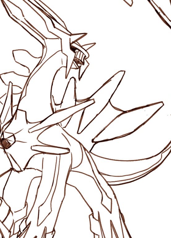 animal_focus commentary_request dialga lineart looking_down no_humans open_mouth pokemon pokemon_(creature) simple_background sketch standing v_(govvvvw) white_background