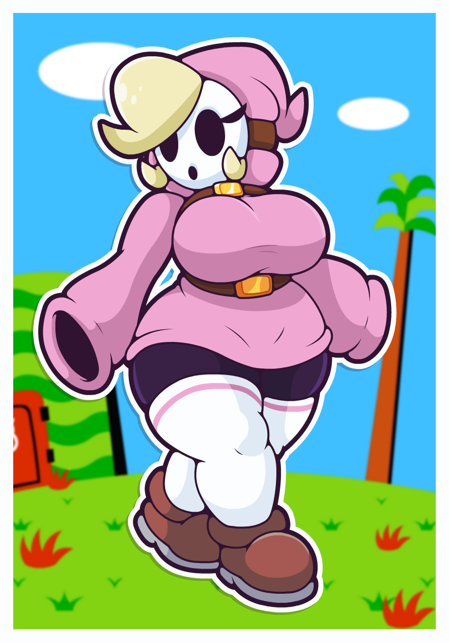 belt big_breasts black_body blonde_hair border breasts brown_clothing brown_footwear clothed clothing female footwear hair hi_res hoodie humanoid legwear long_sleeves mario_bros mask nintendo not_furry shoes short_stack shyguy simple_background solo thick_thighs thigh_highs thisnameistaken topwear video_games white_border wide_hips