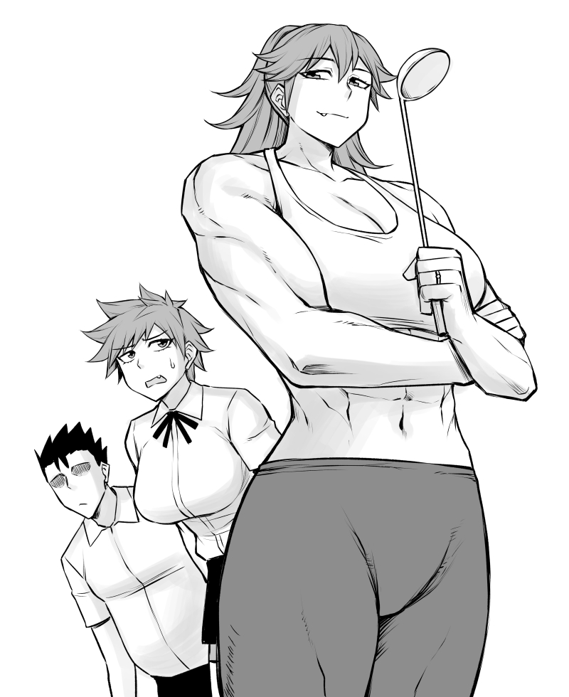 1boy 2girls abs black_hair black_pants breasts collarbone crop_top fang jewelry ladle large_breasts multiple_girls muscular muscular_female open_mouth original pants peach_(momozen) ring school_uniform shirt short_hair sweatdrop wedding_band white_shirt