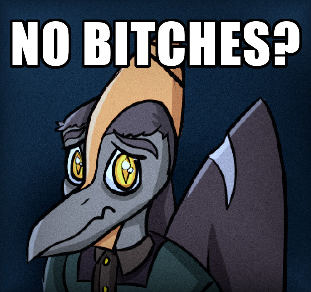 amber_eyes anthro big_eyes black_hair clothing colored crest_markings dress_shirt eyebrows glistening glistening_eyes goodbye_volcano_high grey_body grey_skin hair head_crest jacket looking_at_viewer male male/male meme naser_(gvh) no_bitches? orange_crest pterosaur pupils raised_eyebrows reptile sad scalie scar shaded shirt short_hair simple_background slit_pupils snoot_game_(fan_game) snout solo text topwear undershirt wings