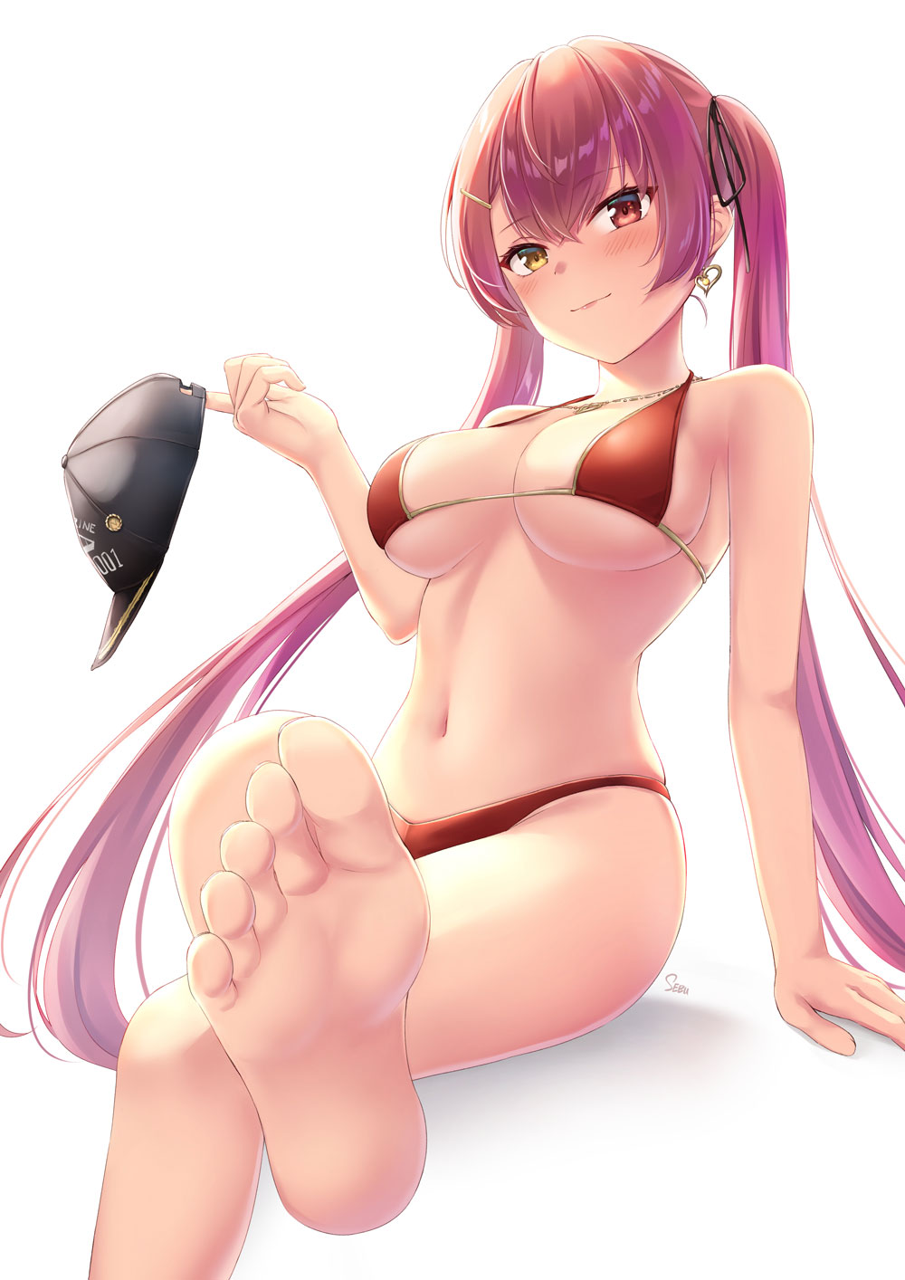 1girl bangs barefoot baseball_cap bikini black_ribbon blush breasts closed_mouth earrings gold_earrings gold_necklace gold_trim hair_ribbon hand_up hat hat_removed headwear_removed heart heart_earrings heart_necklace heterochromia highres holding holding_clothes holding_hat hololive houshou_marine jewelry long_hair looking_at_viewer medium_breasts navel red_bikini red_eyes red_hair ribbon sebu_illust sitting soles solo stomach strap_gap swimsuit toes twintails very_long_hair virtual_youtuber yellow_eyes