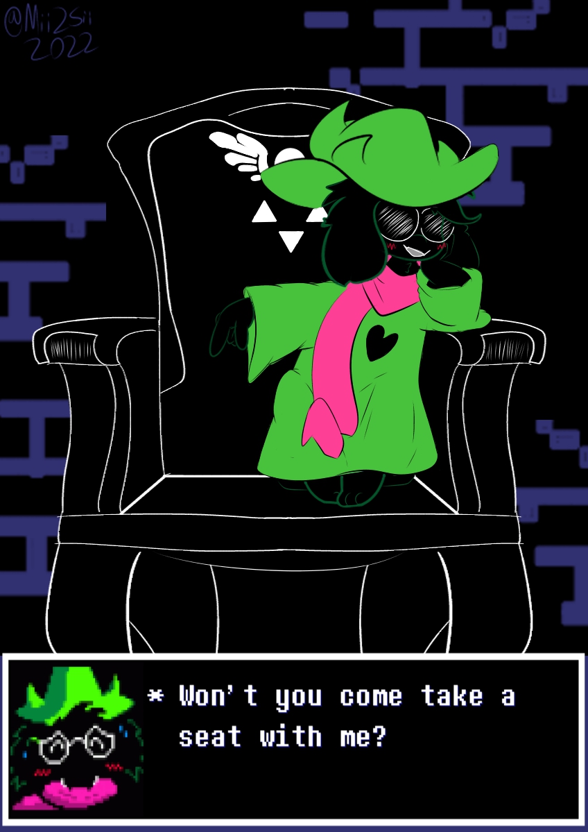 2022 anthro blush blush_lines brick_wall chair clothing deltarune dialogue english_text eyewear furniture gesture glasses green_clothing male mii2sii on_chair pointing pointing_down pokesiimii ralsei robe scarf sitting sitting_on_chair smile smirk solo spread_legs spreading text text_box tucked_legs undertale_(series) video_games wall_(structure)