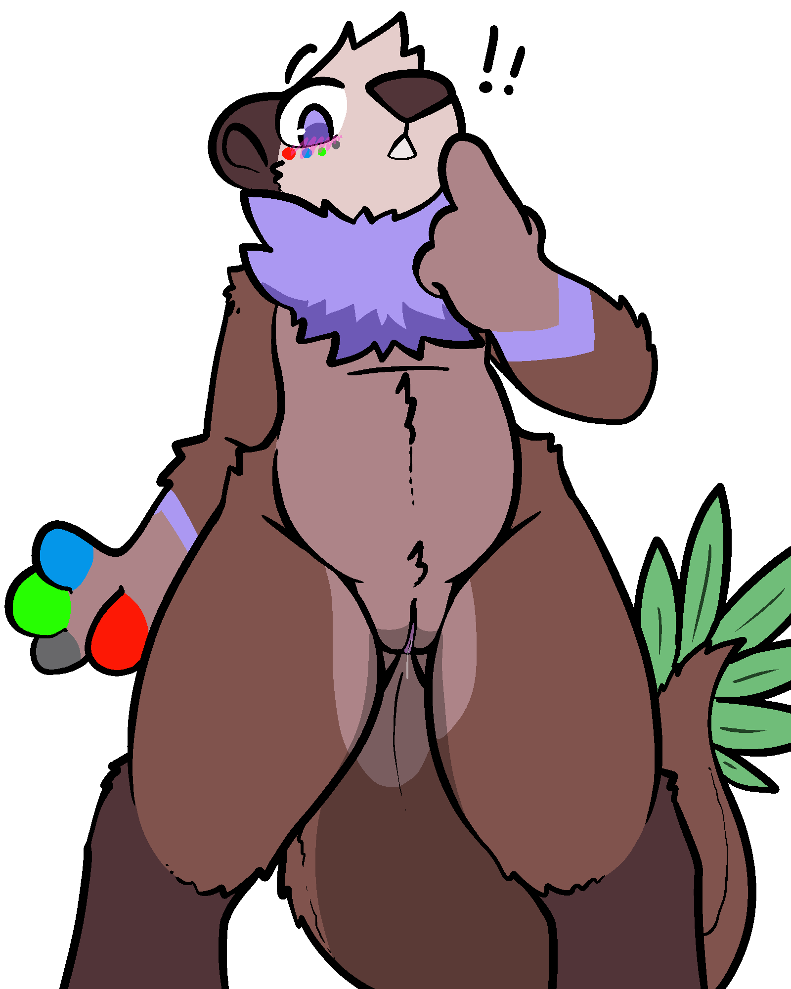 anthro blush brown_body brown_fur exclamation_point female fur genitals hi_res leaf lessy_blueberry lutrine mammal markings mustelid paint purple_body purple_eyes purple_fur pussy sea_otter solo standing trout_(artist)
