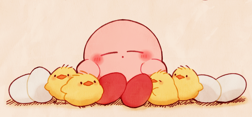 beige_background bird blush chick closed_eyes cuddling dot_mouth egg gurumi_mami kirby kirby_(series) no_humans simple_background