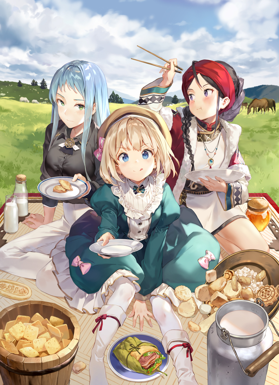 3girls :q :t beret between_legs biscuit_(bread) black_hair blanket blonde_hair blue_eyes boots bottle bow braid bucket character_request cheese chopsticks cloud cloudy_sky commentary_request day dress eating field food frilled_dress frills gilse grass green_dress green_eyes hair_over_shoulder hand_between_legs hat hat_bow head_scarf highres holding holding_plate honey jewelry juliet_sleeves light_blue_hair long_hair long_sleeves looking_at_viewer mia_luna_tearmoon milk milk_bottle milk_churn multiple_girls necklace novel_illustration official_art outdoors pants pantyhose picnic pink_bow plate puffy_sleeves sandwich short_hair sidelocks single_braid sitting sky smile tearmoon_teikoku_monogatari tongue tongue_out white_footwear white_legwear white_pants wooden_bucket yellow_headwear