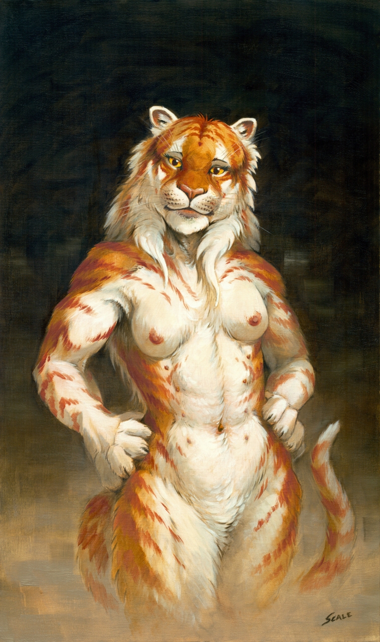 anthro breasts featureless_crotch felid female hi_res looking_at_viewer mammal navel nipples nude pantherine rashka scale_(artist) solo tiger traditional_media_(artwork)