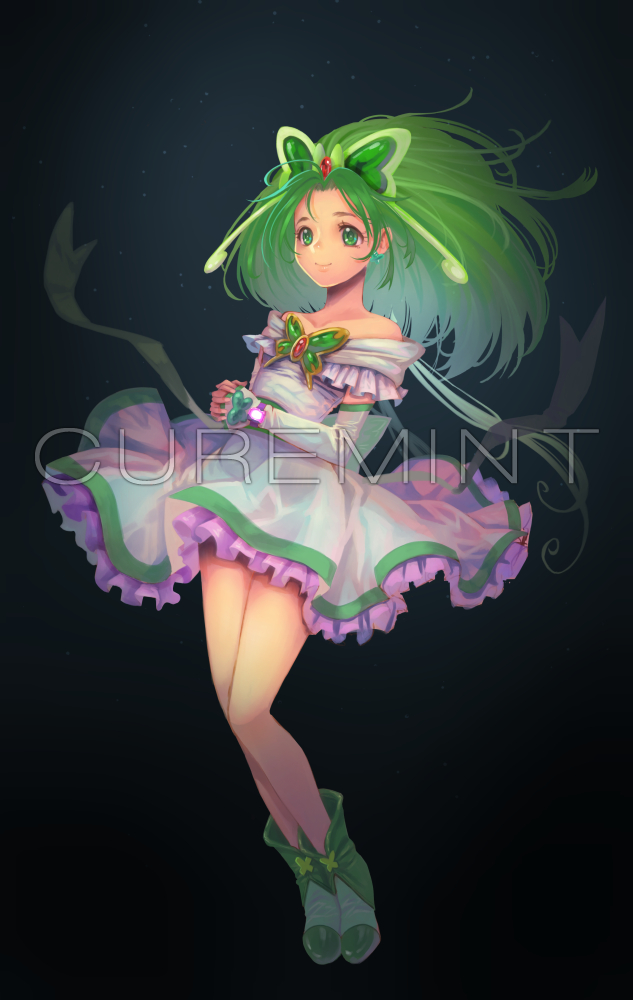 1girl akimoto_komachi arm_warmers bare_shoulders black_background boots butterfly_earrings butterfly_hair_ornament character_name cure_mint dress earrings eyebrows frills full_body gradient gradient_background green_dress green_eyes green_footwear green_hair hair_ornament jewelry jj_(ssspulse) long_hair looking_away precure smile solo watch wristwatch yes!_precure_5