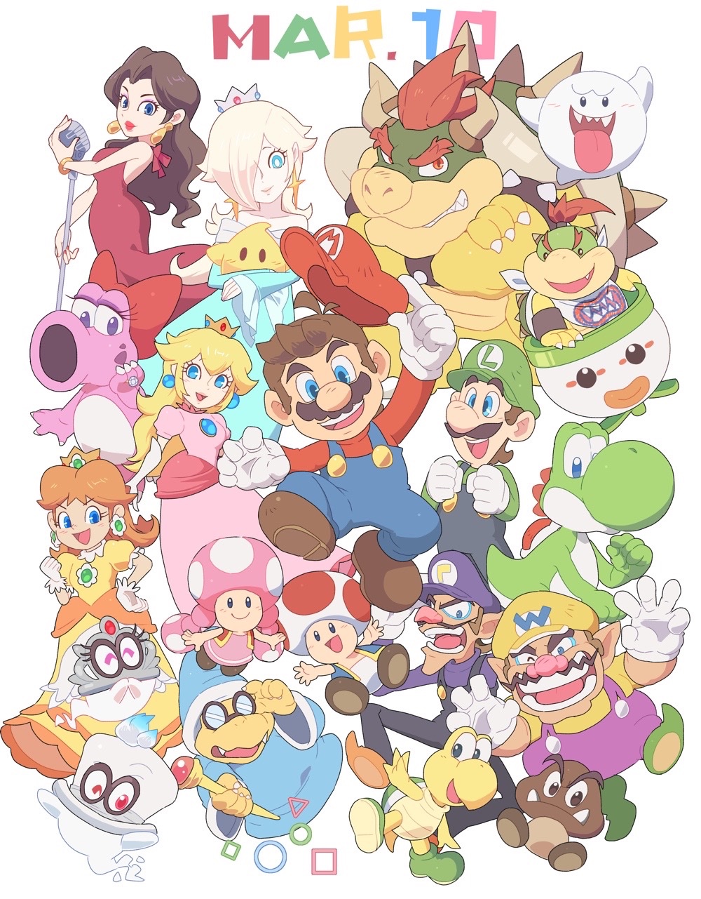 4boys 4girls birdo blonde_hair blue_eyes boo_(mario) bowser bowser_jr. brown_hair cappy_(mario) crown dress everyone facial_hair gloves goomba hat highres hoshikuzu_pan kamek koopa_clown_car koopa_troopa luigi luma_(mario) mario mario_(series) microphone_stand multiple_boys multiple_girls mustache overalls pauline_(mario) princess_daisy princess_peach red_hair rosalina tiara_(mario) toad_(mario) toadette waluigi wario white_gloves yoshi