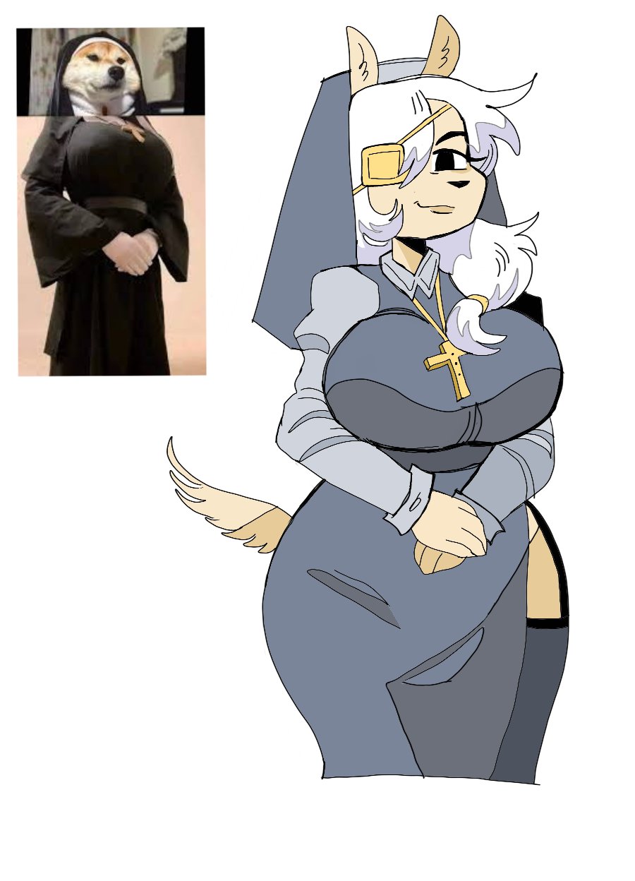 anthro big_breasts black_clothing black_nose breasts canid canine canis christian_symbol christianity clothed clothing cross digital_media_(artwork) domestic_dog eye_patch eyewear female fur grey_clothing hair hi_res jewelry looking_at_viewer mammal meme necklace nun nun_outfit puppychan48 religion simple_background smile smug solo tan_body tan_fur white_background white_hair yuri_vintovka_(puppychan48)