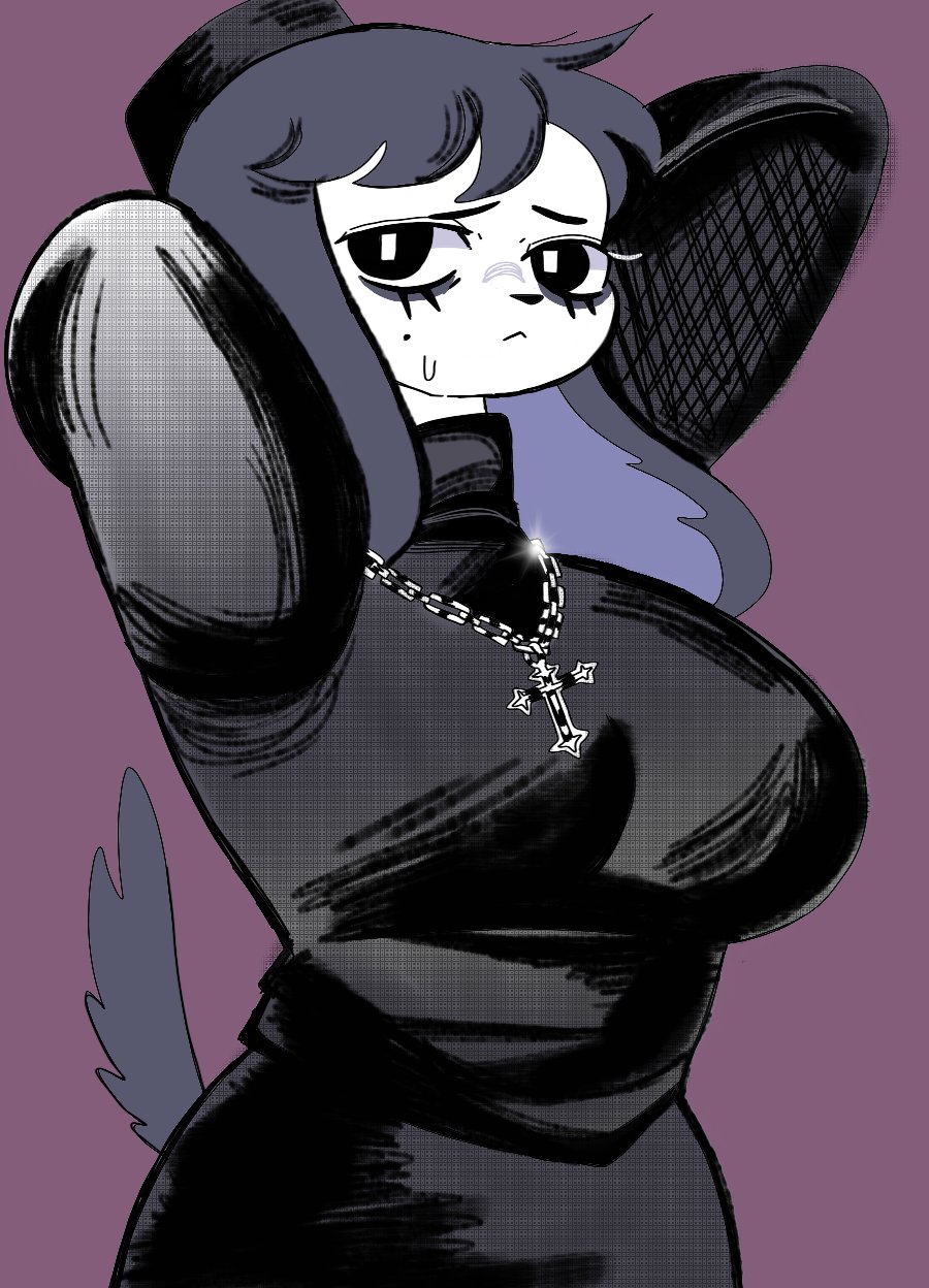 anthro bags_under_eyes big_breasts black_body black_clothing black_fur black_hair black_tail bodily_fluids breasts canid canine canis christian_cross christianity clothed clothing cross digital_media_(artwork) domestic_dog eyebags female fur goth hair hanibelle_(puppychan48) hi_res huge_breasts jewelry mammal necklace puppychan48 religion simple_background solo spots sweat white_body white_fur