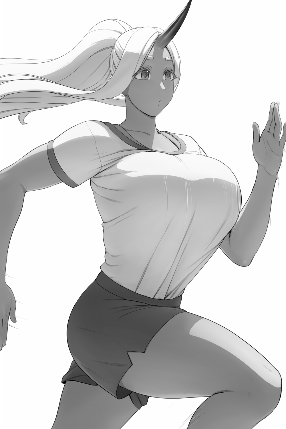 1girl breasts bushu_(lvl) collarbone dark_skin highres huge_breasts lvl_(sentrythe2310) monochrome oni original running shorts simple_background solo sportswear tan white_background white_hair