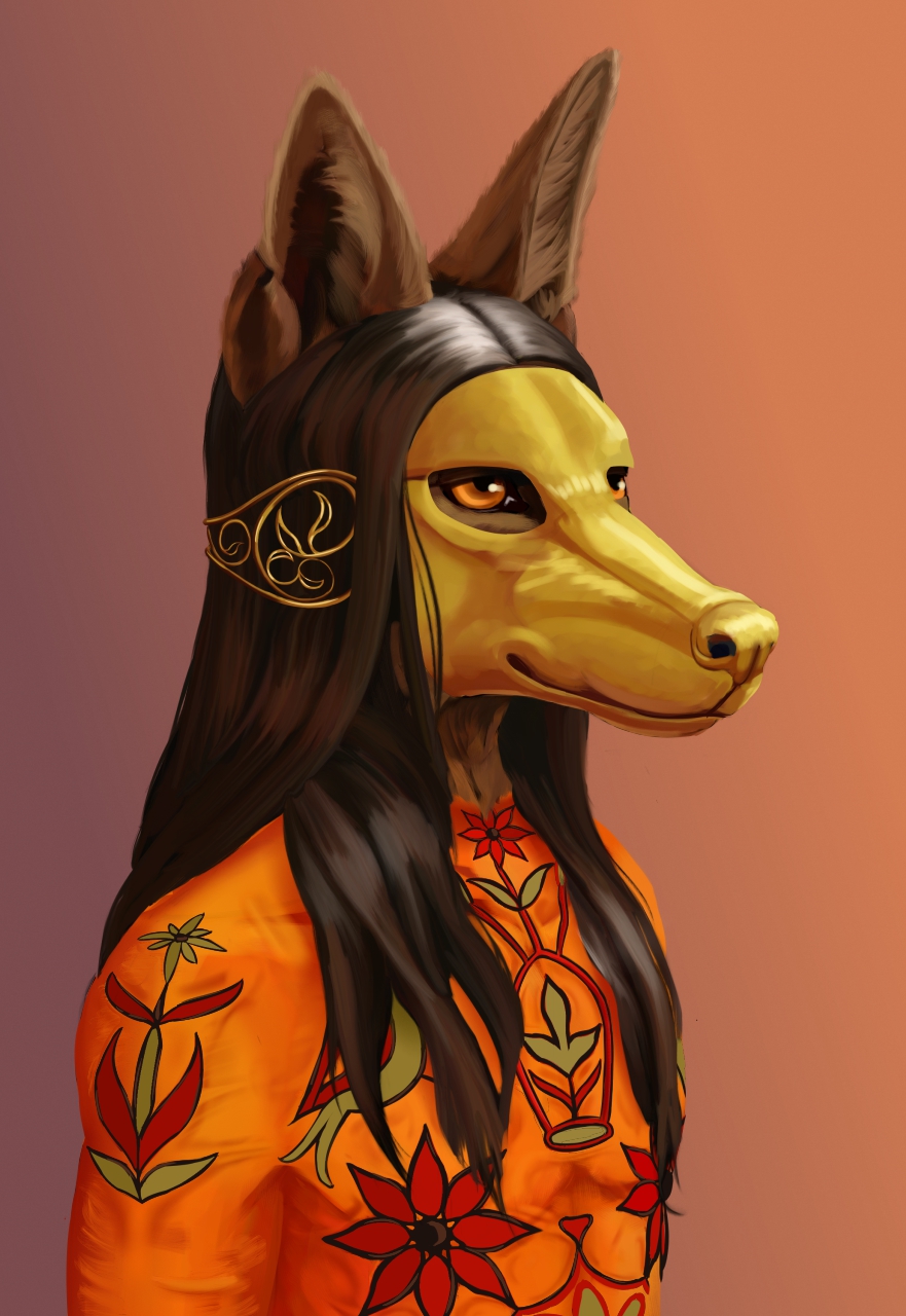 2020 anthro black_hair bodysuit brown_body brown_fur canid canine canis clothing ears_up flower flower_print fur gold_(metal) hair hair_on_shoulders harem_outfit hi_res jackal long_hair looking_forward male mammal mask metal_mask mitokep orange_jackal_(mitokep) plant skinsuit slave solo standing tight_clothing yellow_eyes