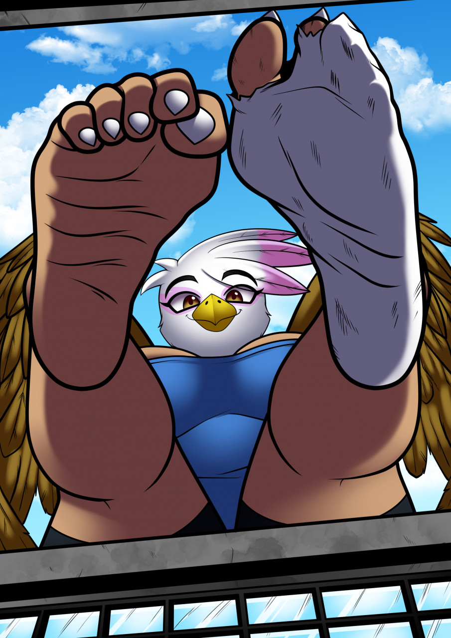 5_toes anthro avian beak bottomwear breasts brown_body brown_eyes brown_feathers claws clothing cyborg-steve dirty_socks eyebrows eyelashes feathered_wings feathers feet female foot_fetish foot_focus footwear friendship_is_magic gilda_(mlp) gryphon hasbro hi_res humanoid_feet looking_at_viewer looking_down macro my_little_pony mythological_avian mythology shirt shorts sky smile socks solo toe_claws toes topwear white_body white_feathers wings ych_result