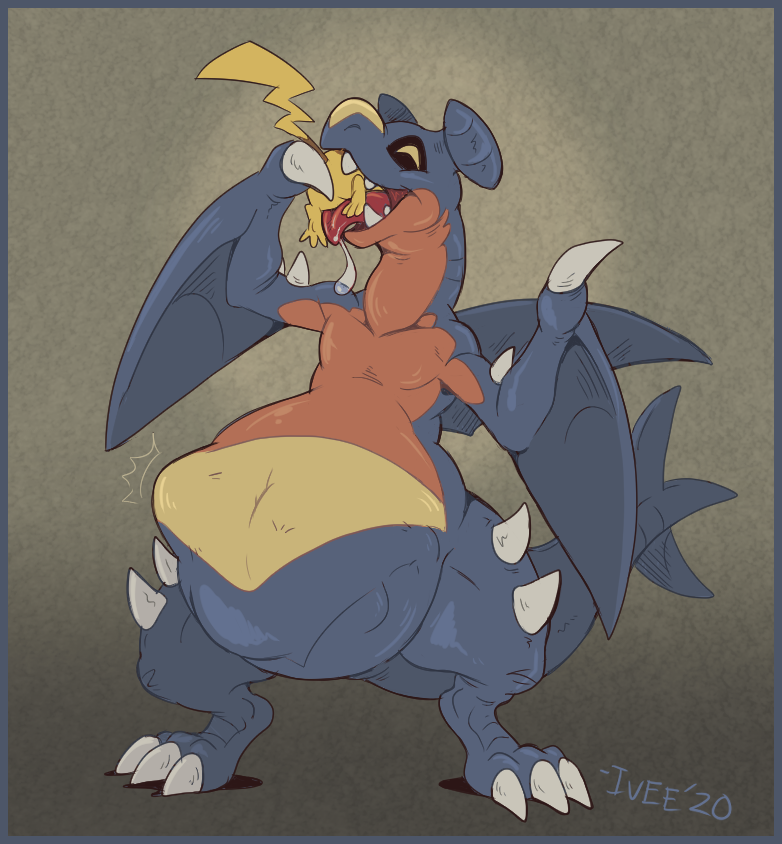 2020 abdominal_bulge ambiguous_gender anthro anthro_pred athletic athletic_ambiguous athletic_anthro belly biceps big_belly blue_body blue_border blue_scales bodily_fluids border brown_body brown_fur dated digital_media_(artwork) dragon drooling duo eyes_closed fangs feral forced front_view fur garchomp gradient_background grey_background holding_character iveechan larger_anthro mammal membrane_(anatomy) membranous_wings motion_lines multicolored_body multicolored_fur multicolored_scales nintendo nude open_mouth open_smile oral_vore pecs pikachu pok&eacute;mon pok&eacute;mon_(species) quads red_body red_scales red_tongue reptile rodent saliva scales scalie semi-anthro shaded sharp_teeth signature simple_background size_difference smaller_feral smile soft_vore spikes spikes_(anatomy) struggling swallowing teeth text thick_thighs tongue tongue_out unseen_character unwilling_vore video_games vore wide_hips wings wyvern yellow_body yellow_fur yellow_scales