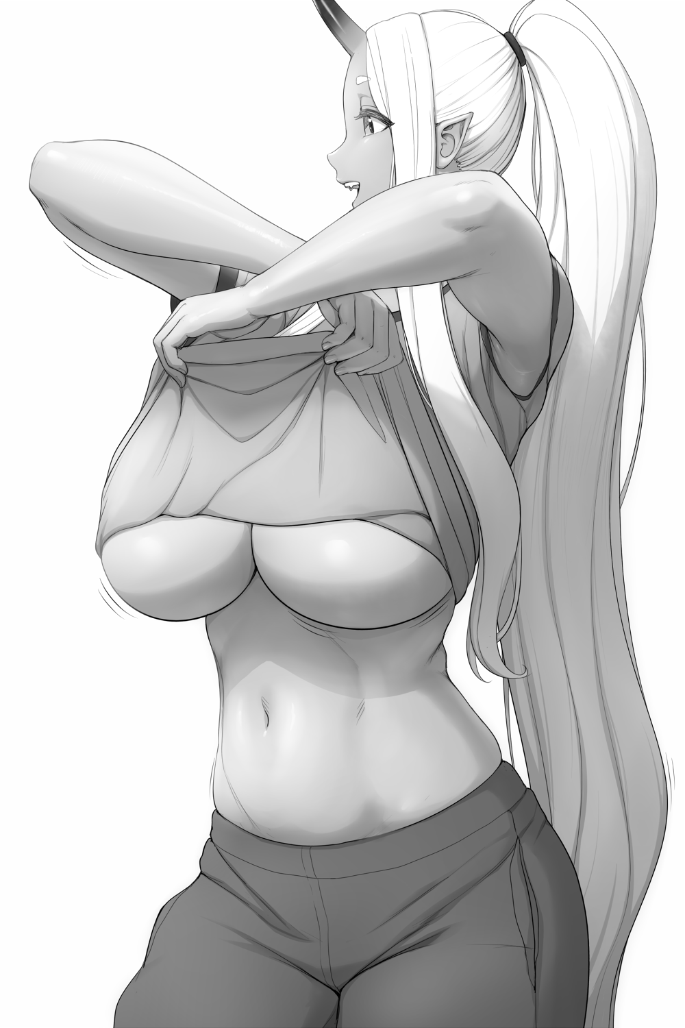 1girl breasts bushu_(lvl) clothes_lift collarbone dark_skin highres horns huge_breasts long_hair looking_at_viewer lvl_(sentrythe2310) monochrome navel oni original ponytail shirt_lift shorts sidelocks single_horn skindentation solo tan tank_top underboob very_long_hair