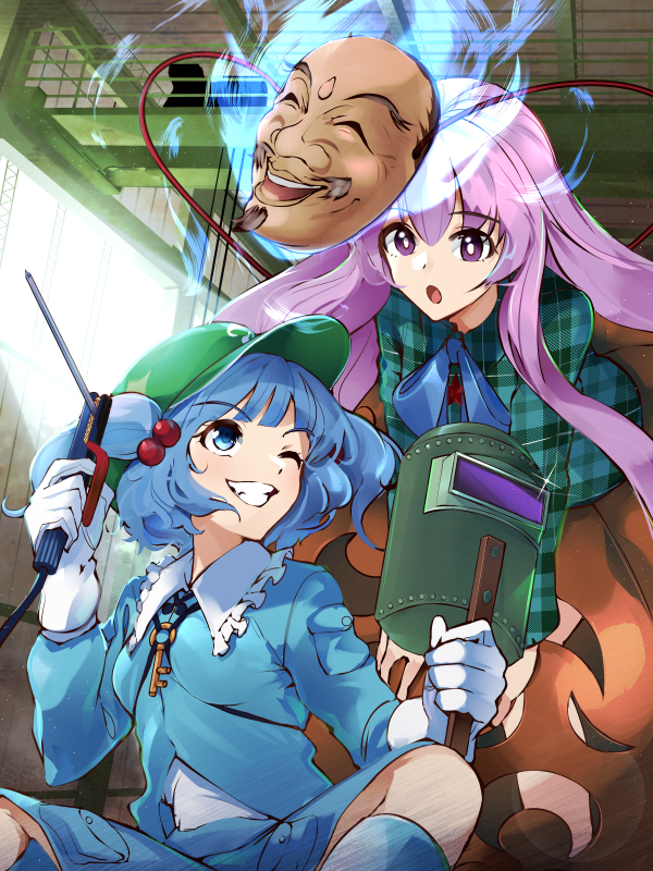 13-gou 1girl bangs blue_bow blue_bowtie blue_eyes blue_hair blue_shirt blue_skirt boots bow bowtie breasts bubble_skirt collared_shirt commentary_request flat_cap frilled_shirt_collar frills gloves green_headwear grin hair_bobbles hair_ornament hat hata_no_kokoro indian_style kappa kawashiro_nitori key long_hair long_sleeves mask medium_breasts medium_hair one_eye_closed orange_skirt plaid plaid_shirt purple_eyes purple_hair rubber_boots shirt short_twintails sitting skirt skirt_set smile touhou twintails two_side_up very_long_hair welding welding_mask welding_torch white_gloves youkai