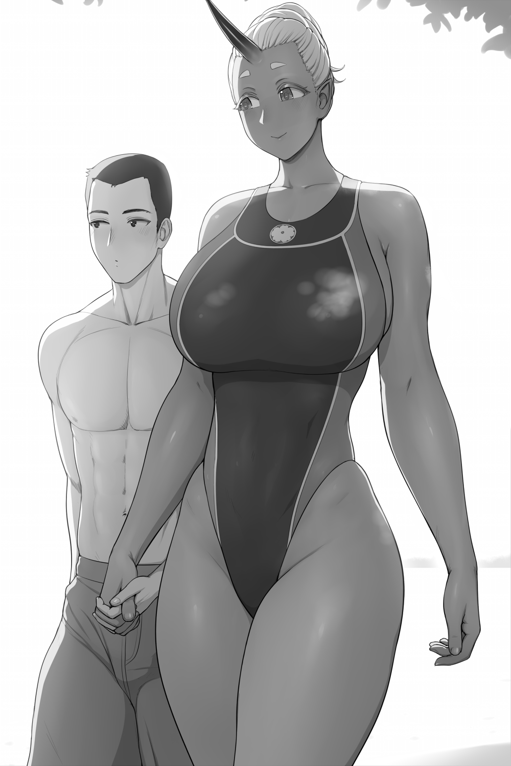 1boy 1girl breasts bushu_(lvl) collarbone competition_swimsuit couple dark_skin height_difference highres holding_hands horns huge_breasts lvl_(sentrythe2310) one-piece_swimsuit oni original ponytail short_hair single_horn swimsuit tall_female