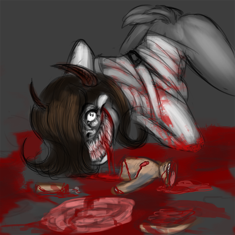 1:1 bdsm blood blood_in_mouth blood_on_arm blood_on_back blood_pool bodily_fluids bondage bound brown_hair brown_horn colored_sketch excessive_blood eyelashes female fur gore grey_body grey_fur grey_tail grin hair horn restraints sharp_teeth short_hair sketch smile solo straitjacket teeth yaoifairy yaoifairyxxx