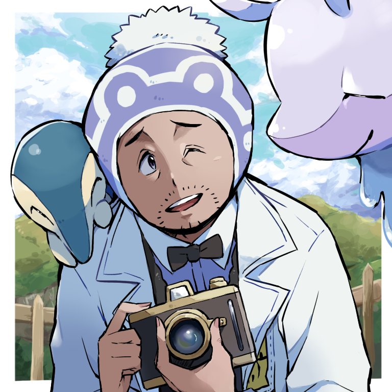 1boy ;d ayo_(ayosanri009) beanie border bow bowtie camera cloud collared_shirt commentary_request cyndaquil dark-skinned_male dark_skin day facial_hair fence hat hisuian_goodra holding holding_camera labcoat laventon_(pokemon) logo looking_to_the_side male_focus one_eye_closed open_mouth outdoors pokemon pokemon_(creature) pokemon_(game) pokemon_legends:_arceus shirt sky smile teeth tongue upper_teeth vest white_border