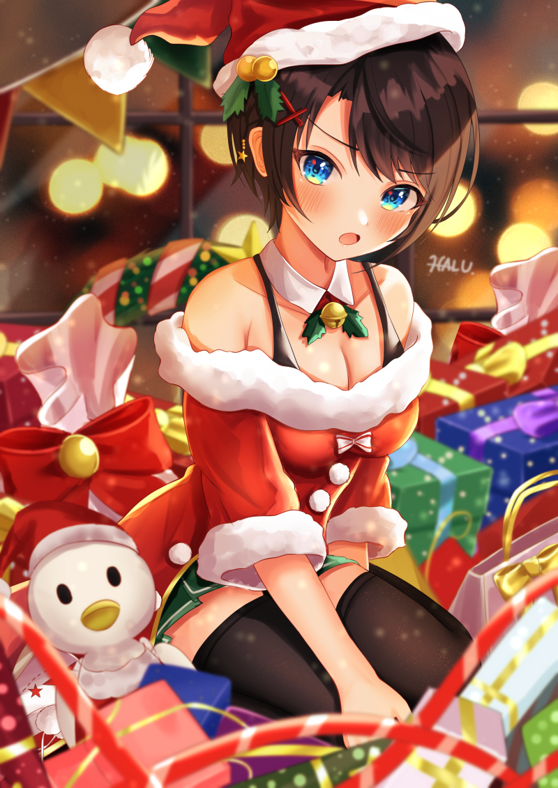 1girl :o artist_name bell bird black_hair black_legwear blue_eyes blush box breasts christmas cleavage commentary detached_collar duck fur-trimmed_headwear fur-trimmed_sleeves fur_trim gift gift_box green_skirt hair_ornament hat holly_hair_ornament hololive indoors jingle_bell looking_at_viewer off-shoulder_shirt off_shoulder oozora_haru oozora_subaru santa_hat shirt short_hair sitting skirt solo thighhighs virtual_youtuber x_hair_ornament zettai_ryouiki