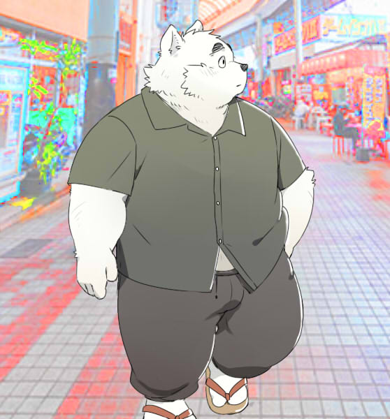 2022 anthro biped bottomwear canid canine canis clothing domestic_dog humanoid_hands inunoshippo kemono male mammal outside overweight overweight_male pants shirt solo topwear