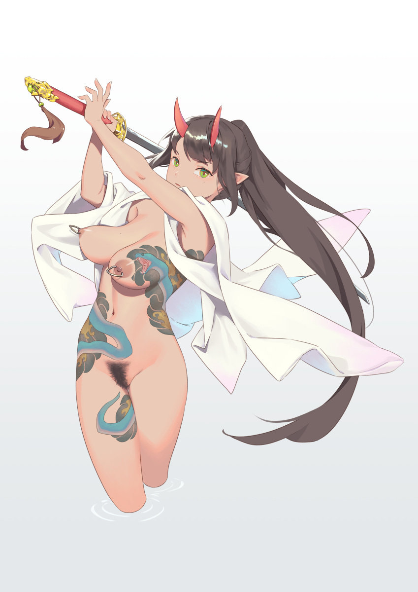 1girl bangs bigrbear black_hair blunt_bangs bottomless breasts cropped_legs eyebrows_visible_through_hair female_pubic_hair full-body_tattoo green_eyes highres holding holding_sword holding_weapon horns large_breasts long_hair looking_at_viewer navel nipple_piercing nipples oni_horns open_clothes original piercing pointy_ears ponytail pubic_hair ripples solo sword tattoo uncensored weapon white_background