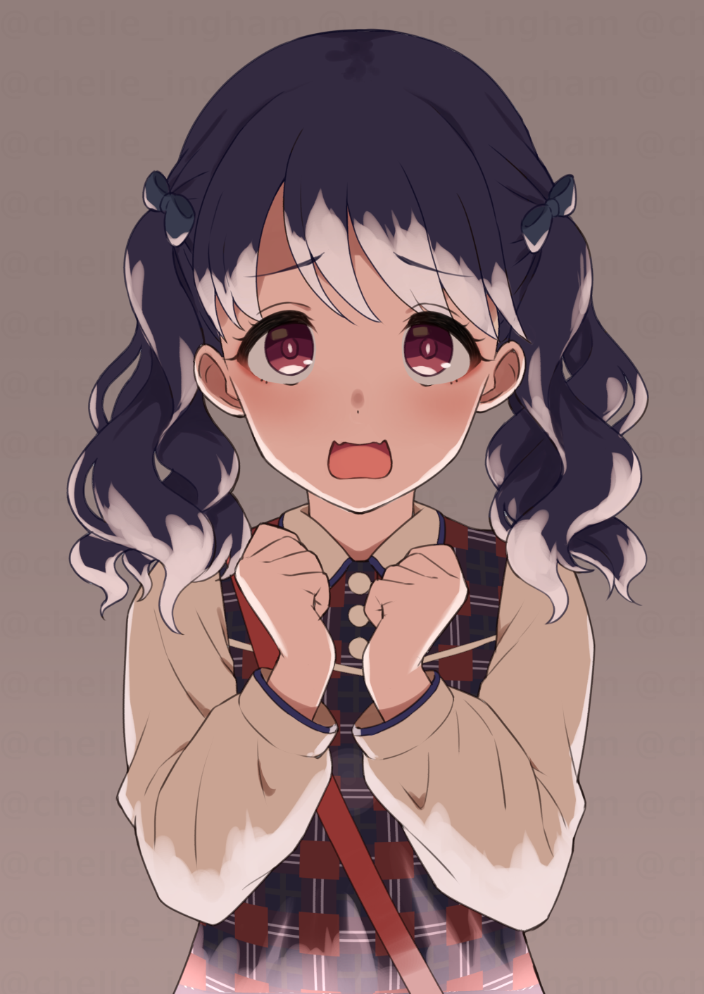 1girl black_hair bow chelle_ingham clenched_hands commentary_request dress fangs fukumaru_koito grey_background hair_bow highres idolmaster idolmaster_shiny_colors long_sleeves looking_at_viewer medium_hair open_mouth plaid plaid_dress purple_eyes skin_fangs solo twintails