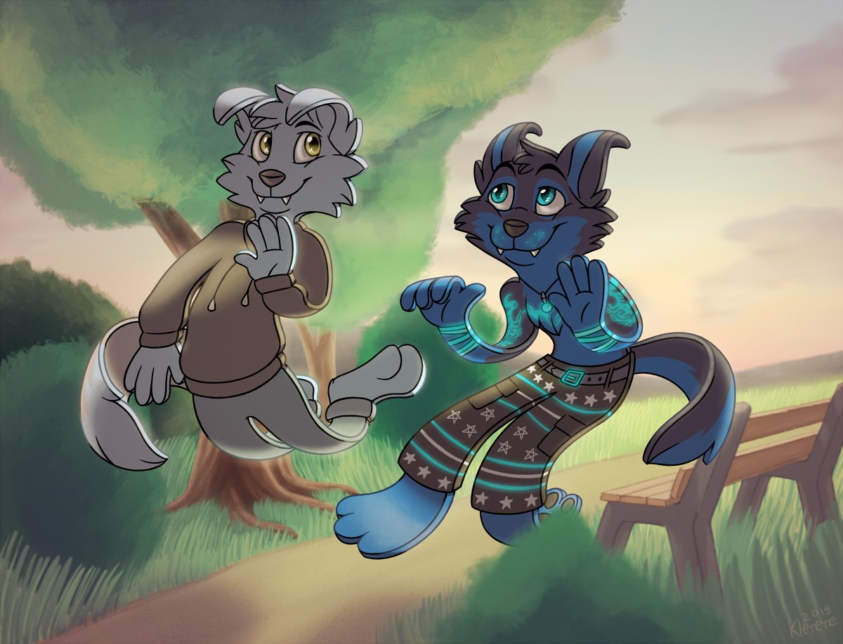 2019 :3 anthro azshara_kletete bench canid canine canis cloud detailed_background digital_drawing_(artwork) digital_media_(artwork) duo feet flattened floppy_ears grass hindpaw male mammal outside paws plant shaded shrub simple_eyebrows stormy_wolf_(character) sweatshirt tall_grass tattoo toony tree unnamed_character watermark wave wolf