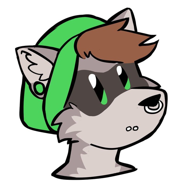 anthro brown_hair deertori ear_piercing ear_ring facial_piercing fur gauged_ear green_eyes grey_body grey_fur hair lip_piercing male mammal nose_piercing piercing procyonid raccoon simple_background solo toony toque white_background