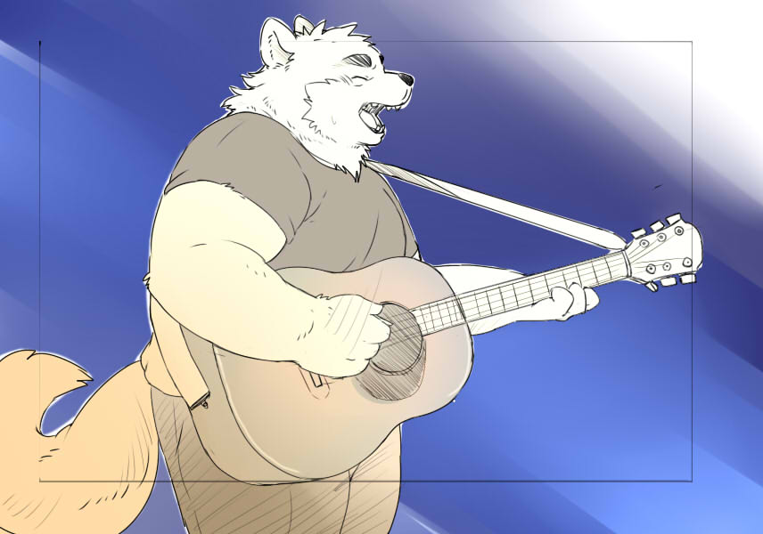 2022 anthro bottomwear canid canine canis clothing domestic_dog eyes_closed guitar humanoid_hands inunoshippo kemono male mammal musical_instrument overweight overweight_male pants plucked_string_instrument shirt solo string_instrument topwear