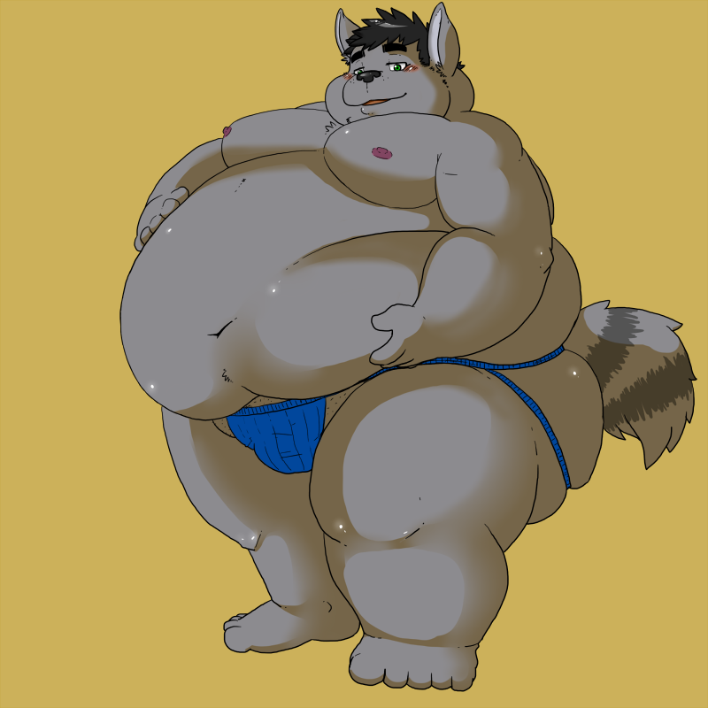 2014 anthro belly biped black_nose blush canid canine canis clothing fatyogi grey_body humanoid_hands jockstrap male mammal moobs navel nipples overweight overweight_male simple_background solo underwear wolf