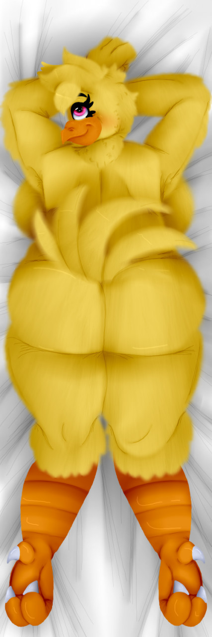 3_toes 4_fingers anthro anthrofied avian barefoot beak bedroom_eyes big_breasts big_butt biped bird blush breasts bubble_butt butt chica_(fnaf) chicken claws clothing dakimakura_design eyebrows eyelashes feathers feet female fingers five_nights_at_freddy's fluffy fluffy_tail galliform gallus_(genus) genitals half-closed_eyes hi_res huge_butt humanoid_genitalia humanoid_pussy knock-kneed lying makeup narrowed_eyes nipples non-mammal_breasts nude on_front orange_beak overweight overweight_anthro overweight_female panties phasianid pink_eyes plump_labia pose presenting presenting_hindquarters pussy scottgames seductive slightly_chubby smile solo tail_feathers thick_thighs toes toffee-the-dingo underwear video_games white_claws wide_hips yellow_body yellow_feathers