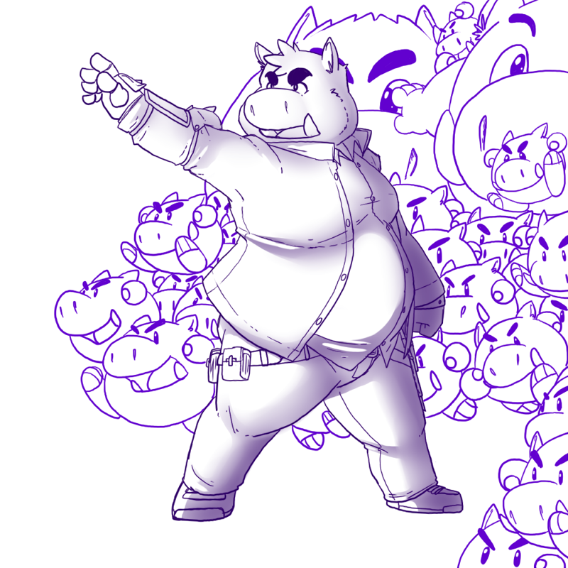 2013 anthro belly biped bottomwear clothing fatyogi group humanoid_hands male mammal overweight overweight_male pants shirt simple_background suid suina sus_(pig) topwear white_background wild_boar