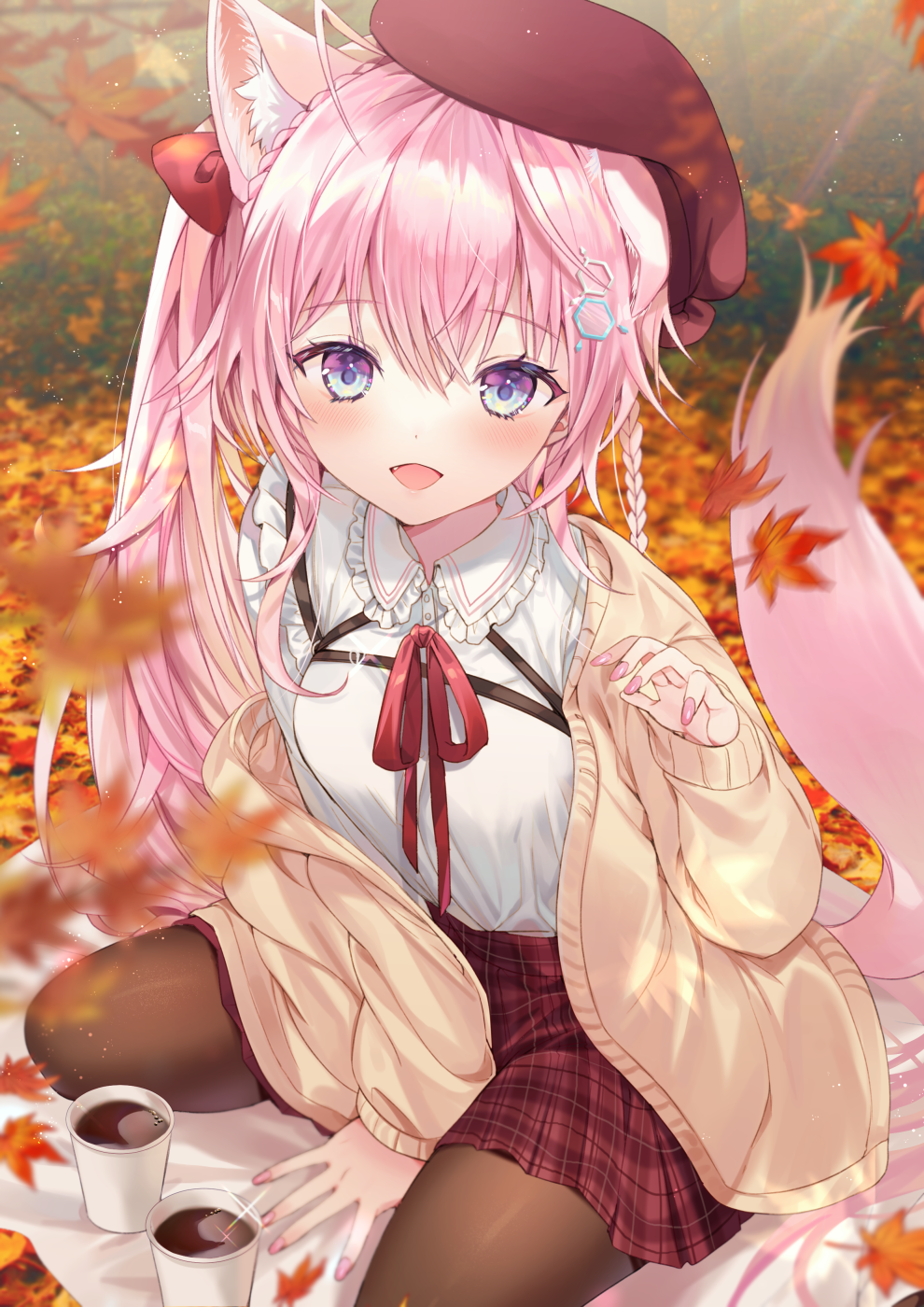 1girl ahoge animal_ear_fluff animal_ears autumn autumn_leaves bangs between_legs blue_eyes blush breasts brown_cardigan brown_legwear cardigan commentary_request cup dabi_(dabibubi) eyebrows_visible_through_hair frilled_shirt_collar frills hair_between_eyes hakui_koyori hand_between_legs hat highres hololive leaf long_hair long_sleeves looking_at_viewer maple_leaf nail_polish neck_ribbon open_cardigan open_clothes open_mouth outdoors pantyhose pink_hair pink_nails plaid plaid_skirt red_headwear red_ribbon red_skirt ribbon shirt side_ponytail sitting skirt solo tail tail_raised very_long_hair virtual_youtuber white_shirt
