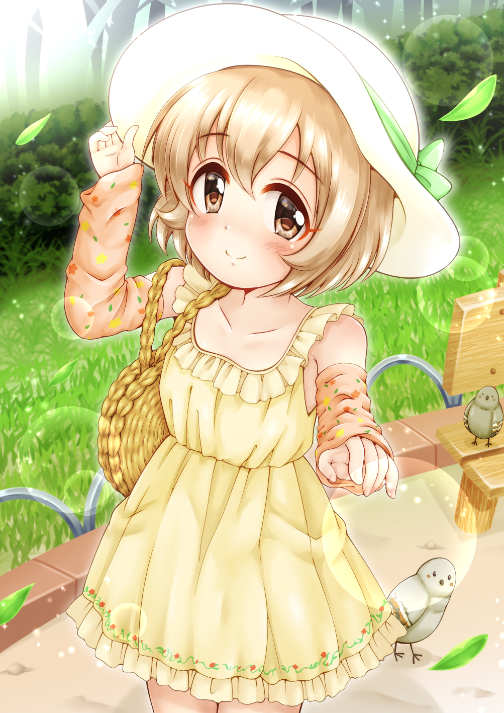 1girl animal arm_up bag bangs bare_shoulders bench bird blush brown_eyes brown_hair brown_sleeves bush closed_mouth collarbone commentary_request day detached_sleeves dress eyebrows_visible_through_hair frilled_dress frills hair_between_eyes hand_on_headwear hat highres idolmaster idolmaster_cinderella_girls koga_koharu leaves_in_wind long_sleeves outdoors regular_mow sleeveless sleeveless_dress sleeves_past_wrists smile solo sun_hat sundress tree white_headwear yellow_dress