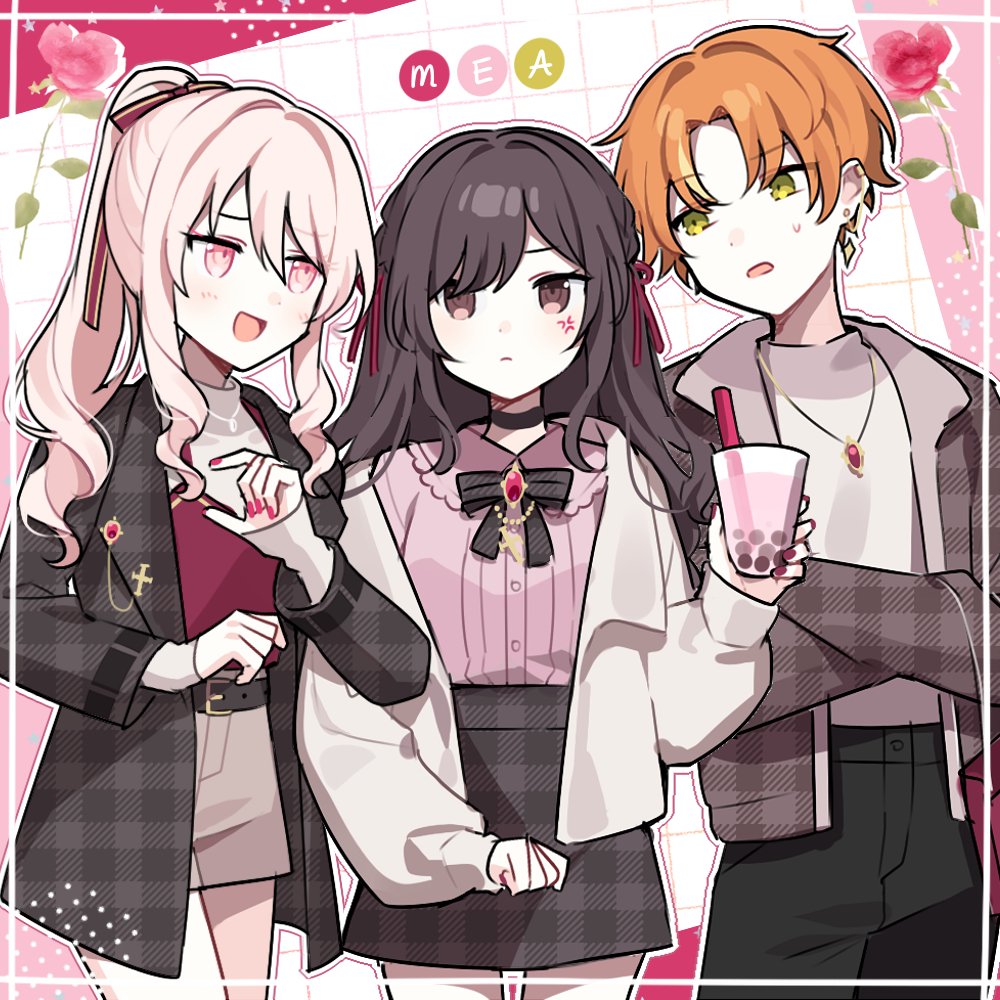 1boy 1girl 1other akiyama_mizuki beige_skirt black_coat black_pants black_skirt blonde_hair bow brown_eyes brown_hair bubble_tea cardigan choker coat earrings green_eyes hair_bow jewelry long_hair long_sleeves looking_at_another nail_polish necklace orange_hair pants pink_eyes pink_shirt ponytail project_sekai red_shirt shinonome_akito shinonome_ena shirt skirt sweatdrop waka_(wk4444) white_cardigan white_shirt