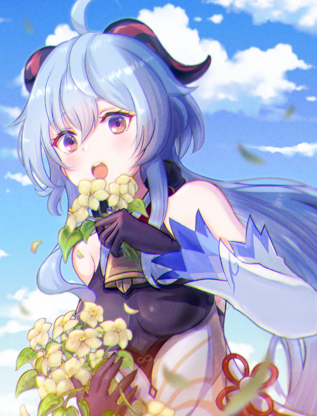 1girl ahoge bangs bare_shoulders bell black_gloves blue_hair blue_sky blush breasts chinese_knot cloud detached_sleeves flower flower_knot ganyu_(genshin_impact) genshin_impact gloves gold_trim highres holding holding_flower horns leaf long_hair looking_at_viewer low_ponytail medium_breasts neck_bell open_mouth purple_eyes qingxin_flower rikgen4 sidelocks sky solo upper_body vision_(genshin_impact) white_flower white_sleeves
