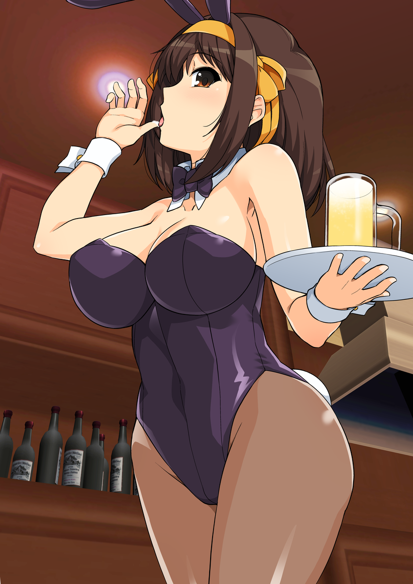 1girl alcohol animal_ears armpit_peek bangs bare_shoulders beer beer_mug black_bow black_bowtie black_leotard bottle bow bowtie breasts brown_eyes brown_hair brown_legwear cleavage collar collarbone commentary_request covered_navel cowboy_shot cup detached_collar dutch_angle eyebrows_visible_through_hair fake_animal_ears fake_tail hair_between_eyes hair_bow hairband hand_up haruhisky highres holding holding_tray indoors large_breasts leotard licking licking_finger light light_blush long_hair looking_at_viewer mug open_mouth orange_bow orange_hairband pantyhose playboy_bunny profile rabbit_ears rabbit_tail sidelocks solo standing strapless strapless_leotard suzumiya_haruhi suzumiya_haruhi_no_yuuutsu tail tongue tongue_out tray white_collar wine_bottle wrist_cuffs