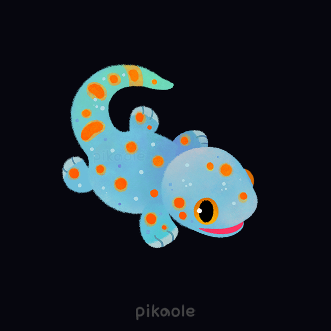 animal animal_focus artist_name black_background commentary english_commentary gecko lizard no_humans open_mouth orange_eyes original pikaole simple_background spots tokay_gecko watermark