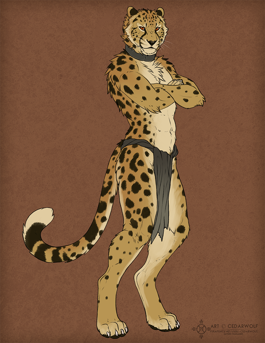 anthro bottomwear cedarwolf cheetah clothing collar crossed_arms digitigrade felid feline loincloth looking_at_viewer male mammal solo